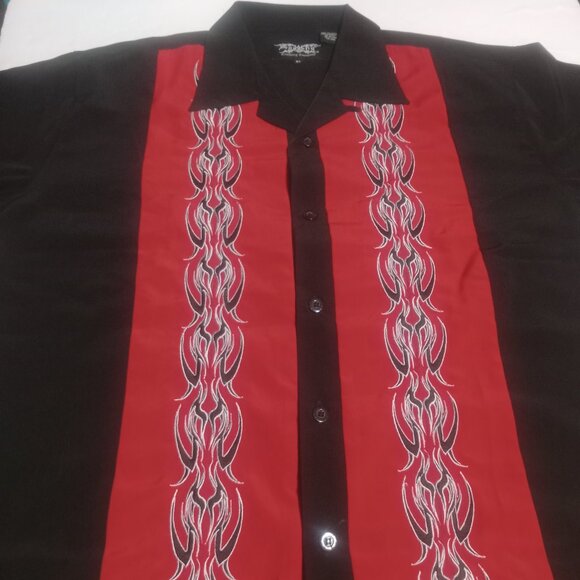 Dragonfly Men's Striped Embroidered Polyester Button Up Shirt XL Black/Red - Picture 1 of 7